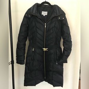 Cole Haan Women’s Long Puffer Quilted Belted Down Winter Coat w Removable Hood